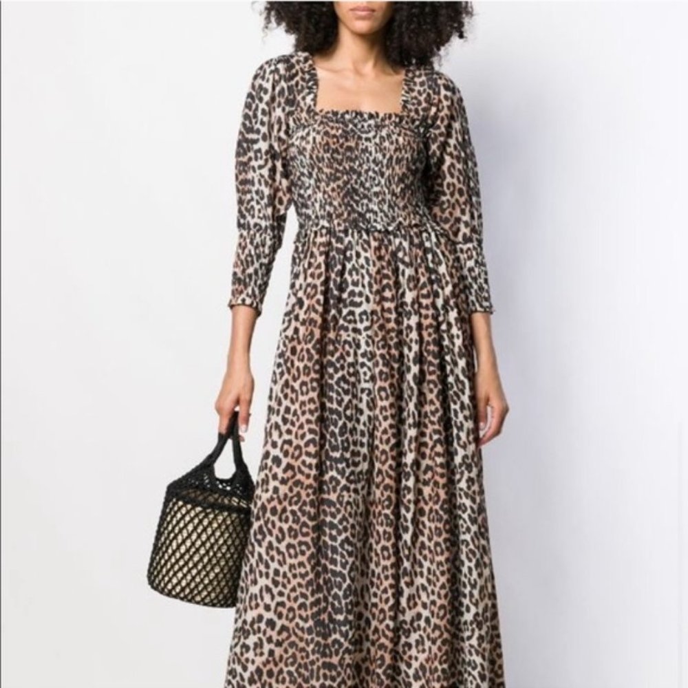 GANNI Shirred Leopard Print Puff Sleeve Maxi Dress Size M (Originally $171)